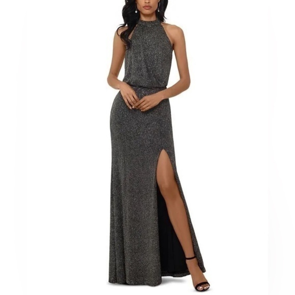 Xscape black silver gold metallic halter gown dress 6